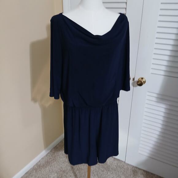 Emma & Michele Large NAVY ROMPER Poly/spandex blend half-sleeve draped neckline - Picture 3 of 16